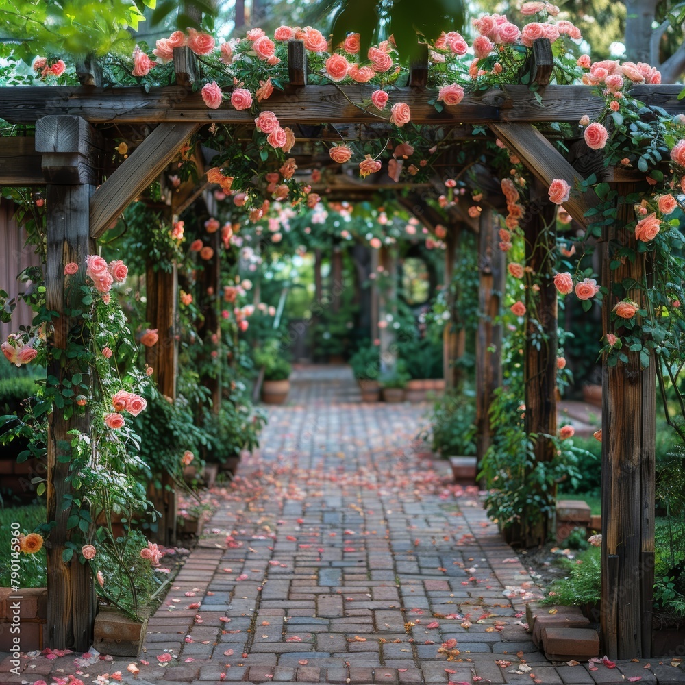 A brick path leads through a garden arbor covered in climbing pink roses.