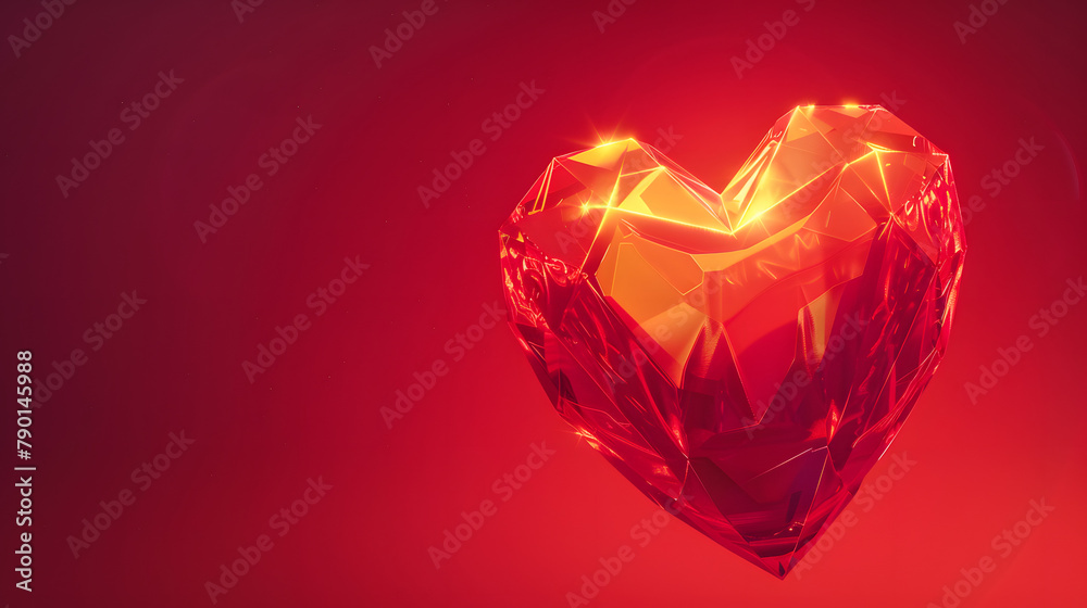 Abstract low poly heart with a glowing inside on a red background. concept of love and emotion. 