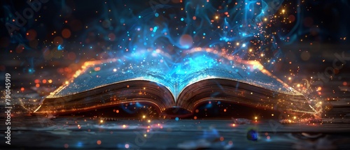 An open book with bright light and sparkles coming out of it. photo