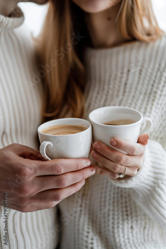 man and woman close-up holding coffee in white cups