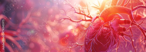 Vivid illustration of a human heart with cardiovascular system in radiant colors photo
