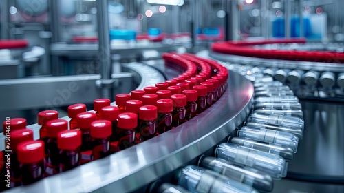 Automated bottling production line with red capped bottles in factory setting