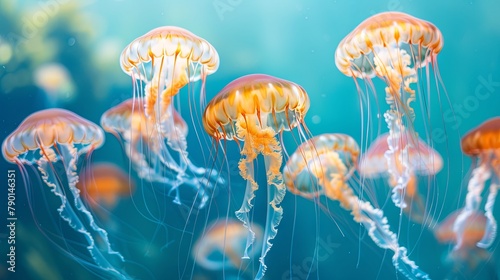 Serene underwater dance of orange jellyfish