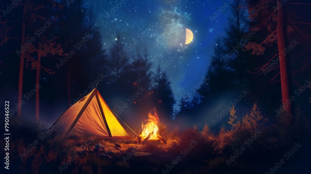 Serene night camping in the forest with tent and warm bonfire beneath the starlit sky
