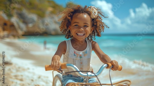 A little African American girl with curly hair rides her bike on the sandy beach, enjoying the ocean breeze and the warmth of the sun. © Eugenia