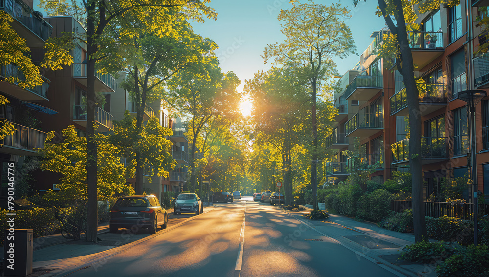 A photo of the entrance to an upscale suburban neighborhood with trees and large buildings, a street leading into the distance. Created with Ai