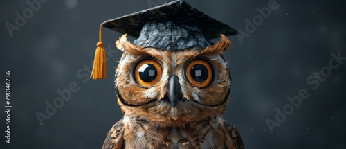 A wise owl wearing a graduation cap is looking at you with big eyes.