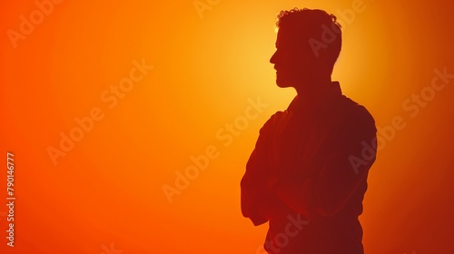 Silhouette of a thoughtful young adult male against a vibrant orange background
