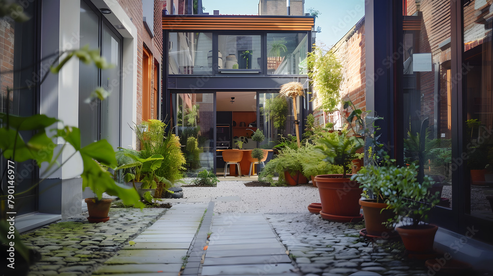 An advanced townhouse with a composting system. embodying waste reduction and sustainable living in Belgium. The image is captured from the courtyard