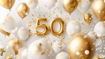 Stockphoto, Background for a 50 years birthday, golden wedding anniversary, golden numbers on a white background. Golden and white balloons. Golden numbers, text "50". Party invitation, menu.
