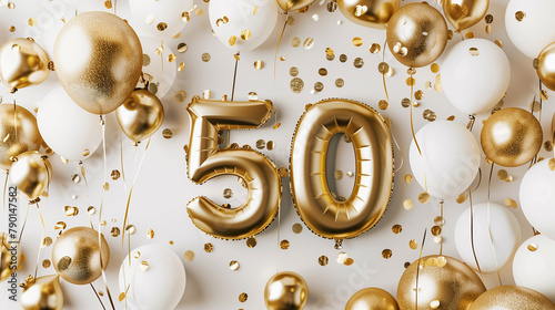 Stockphoto, Background for a 50 years birthday, golden wedding anniversary, golden numbers on a white background. Golden and white balloons. Golden numbers, text 