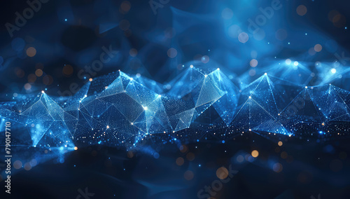 Blue glowing triangle floating in space, with sparkling particles and bokeh effects on a dark background. Created with Ai © Creative Stock 