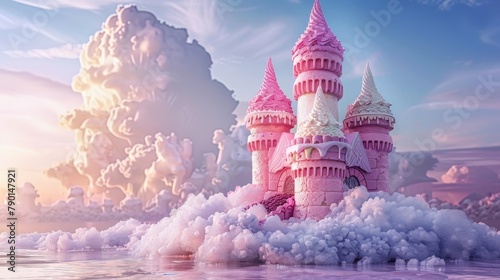 A pink castle made of frosting and ice cream with a blue sky and clouds in the background. © Seksan