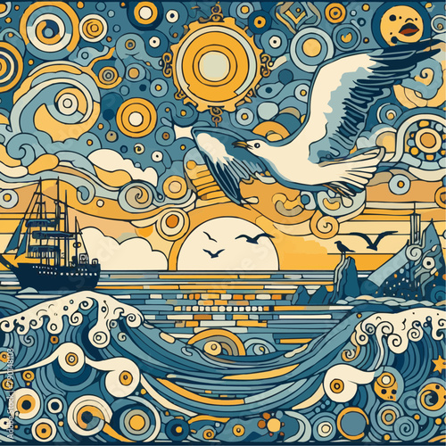 Nautical Dreamscape, Stylized Ocean Waves and Soaring Seagull, Vintage Voyage Illustration
