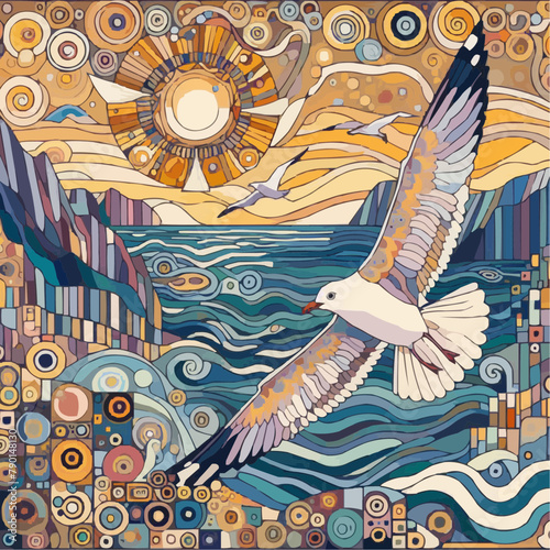 Nautical Dreamscape, Stylized Ocean Waves and Soaring Seagull, Vintage Voyage Illustration