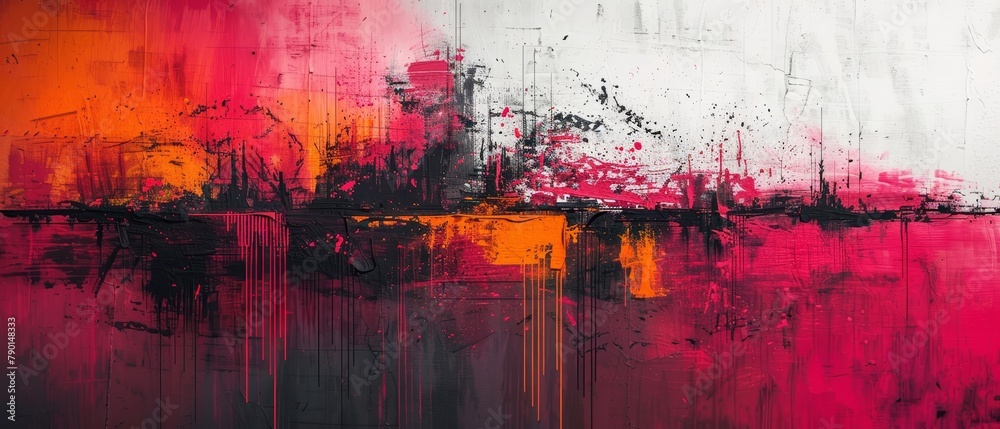 A large abstract painting with bright red, orange, and white colors. A large abstract painting with bright red, orange, and white colors.