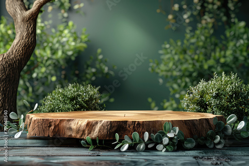 A large tree stump podium for product display, green plants and flowers around the wooden base, blue wall background. Created with Ai