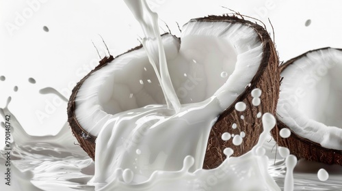 Fresh coconut milk being poured into a halfopen coconut on a white background photo