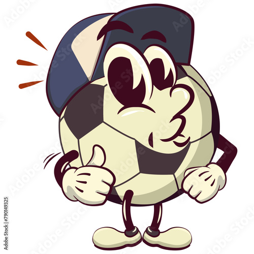 football soccer ball cartoon vector isolated clip art illustration mascot wearing baseball hat with thumb up sign, vector work of hand drawn