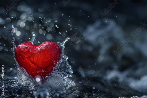 Red heart with splash of liquid with splashing drops, isolated on dark black gray background
