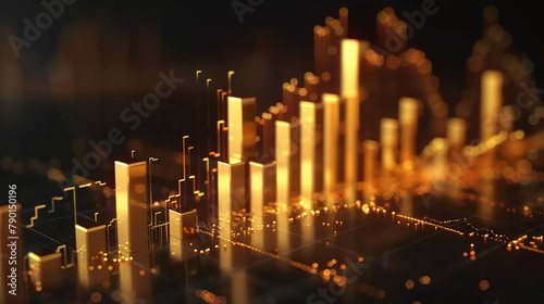 3D render illustration of gold bar graphs with market trend lines, trading, price of gold, bricks, portfolio assets