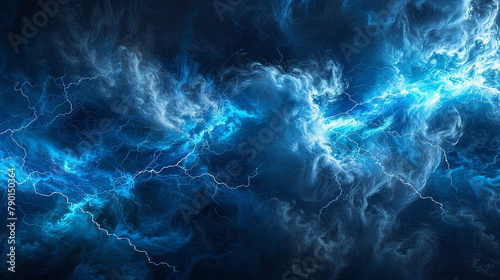 A visualization of electric currents, with blue smoke tracing the unpredictable paths of lightning on a dark canvas. photo