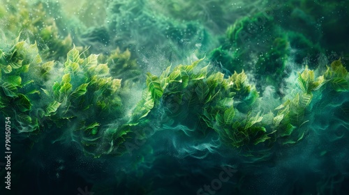 Green leaves and vines growing in an underwater setting.