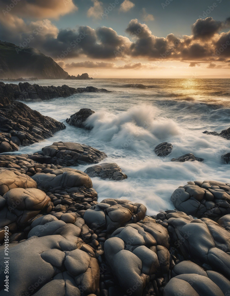 Fototapeta premium beautiful coastal landscape with rocky shores, the ocean, sunrise and a sky