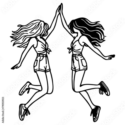 Girl Friends Jumping Sketch Drawing.