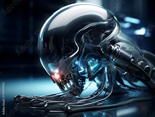 Cybernetic Extraterrestrial Experiment in Futuristic Science Lab with Cyborg Wired to Vacuum Tubes