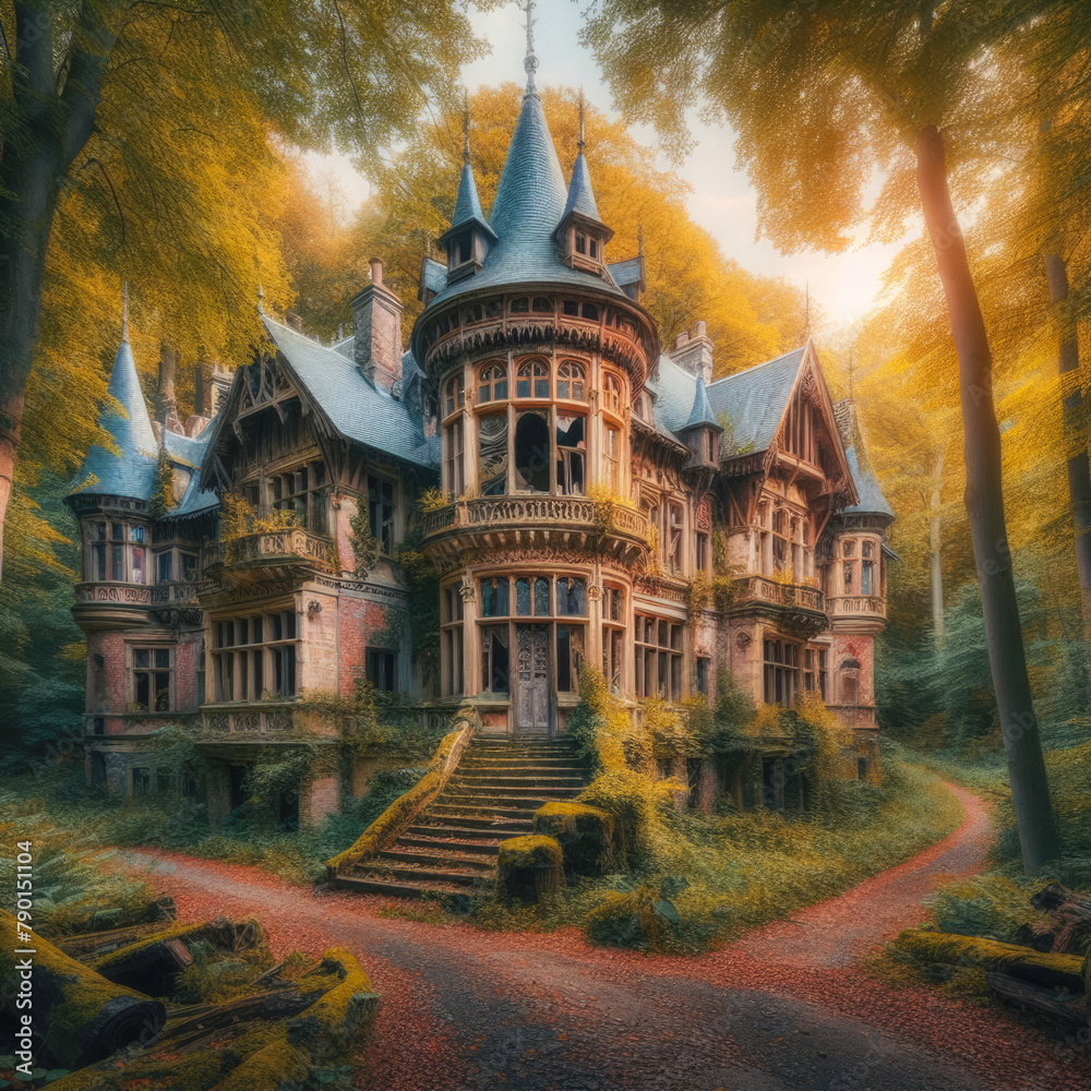 Enchanted Ruins: Majestic Mansion Sleeps in a Fairytale Forest. Lost Wonder. generative AI