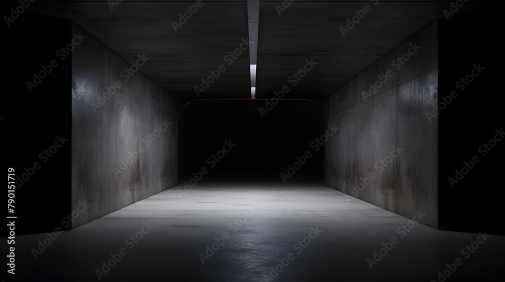 Dim and Mysterious Concrete Tunnel with Bright White Lights Illuminating the Enclosed Underground Passage