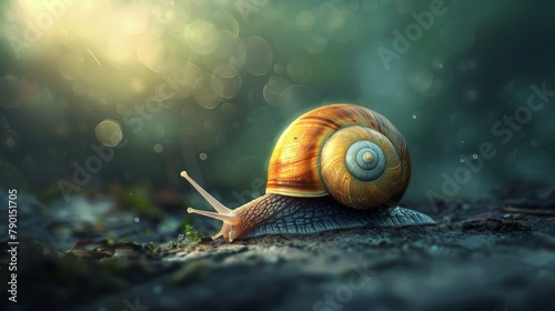 A snail resting on wet ground under rain