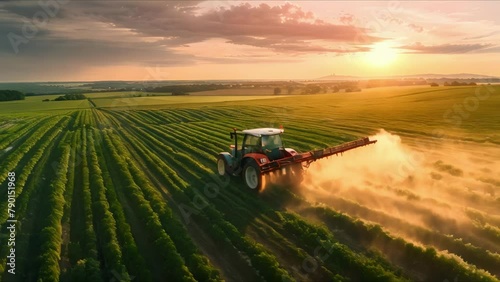 Sustainable Farming: Dawn Over Spraying Fields. Concept Agricultural Practices, Environmental Impact, Sustainable Agriculture, Pesticide Use Reduction, Farming Techniques photo