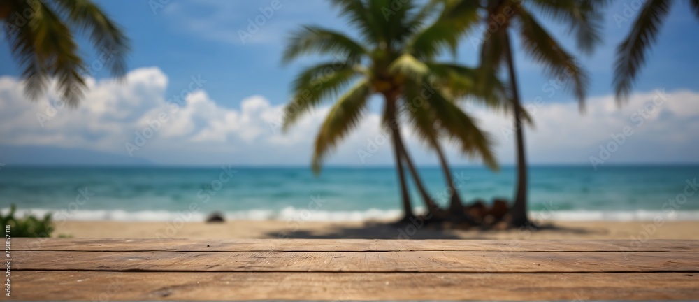 Wooden table top in a beach bar, blurred light bokeh, cafe, restaurant background