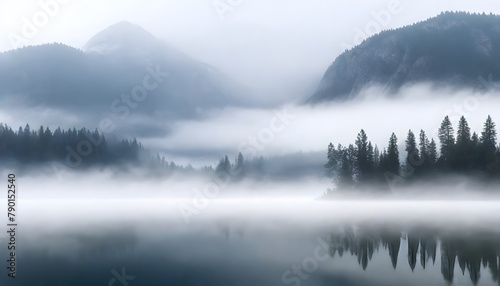 Trees partially obscured by fog on the edge of a calm lake, surrounded by mountains in the distance photo
