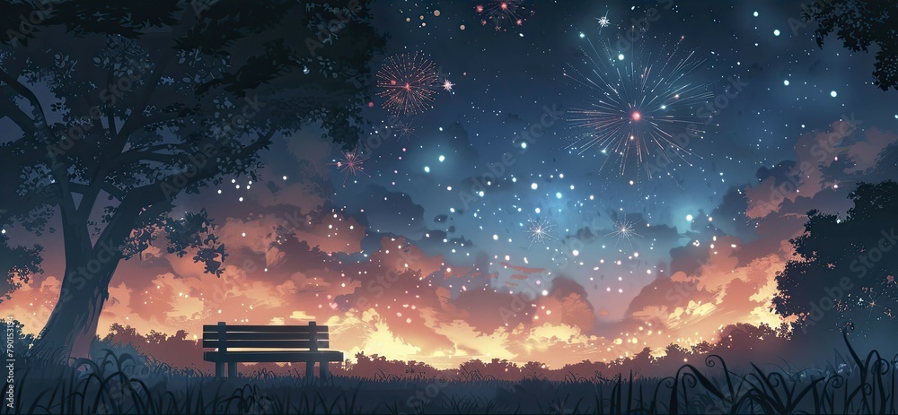 A solitary bench with a view of the festival fireworks, anticipation in the air, illustration style, in straight front portrait minimal.