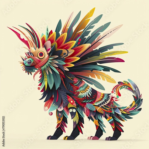 A fantastical chimera joins a festive Cinco de Mayo parade, its vibrant feathers illustrated in a minimal straight-front portrait.