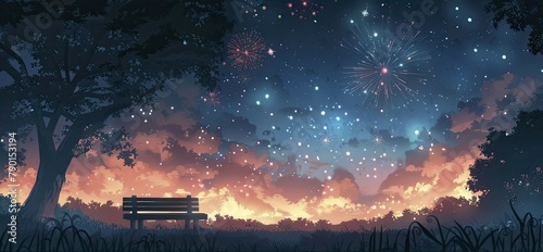 A solitary bench with a view of the festival fireworks, anticipation in the air, illustration style, in straight front portrait minimal.