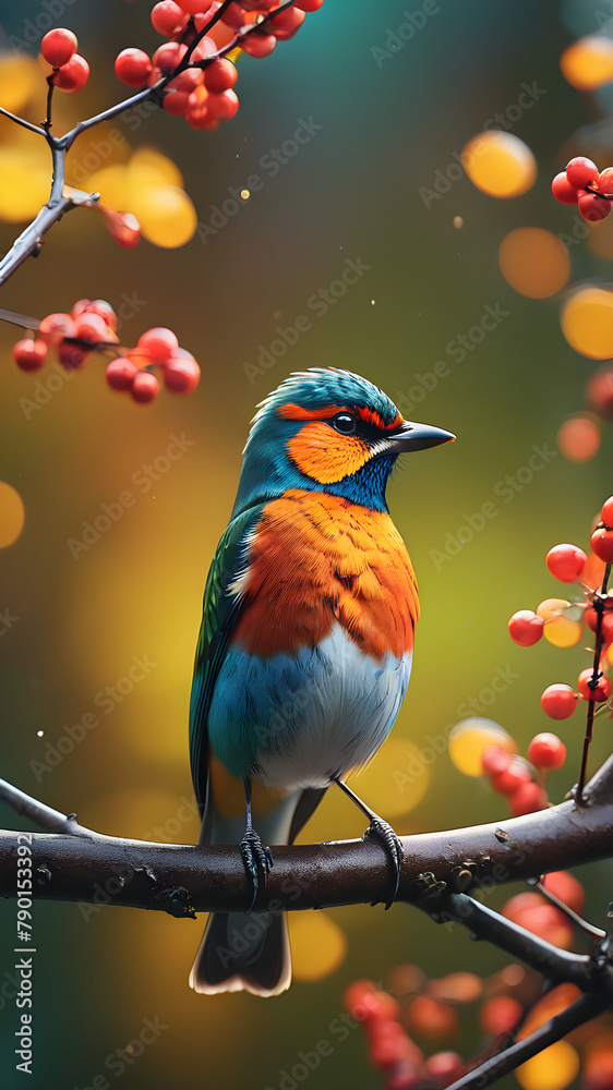 Imagine a vibrant tropical scene featuring a colorful bird of paradise perched on a lush green branch, surrounded by a variety of other birds in a natural setting