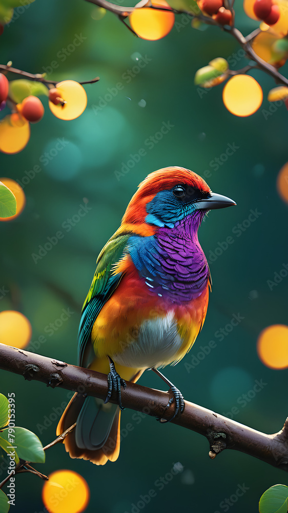 Naklejka premium Imagine a vibrant tropical scene featuring a colorful bird of paradise perched on a lush green branch, surrounded by a variety of other birds in a natural setting