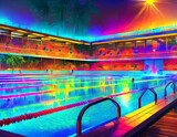 Firefly A computergenerated scene depicting a vibrant high school swimming meet at night. Concept