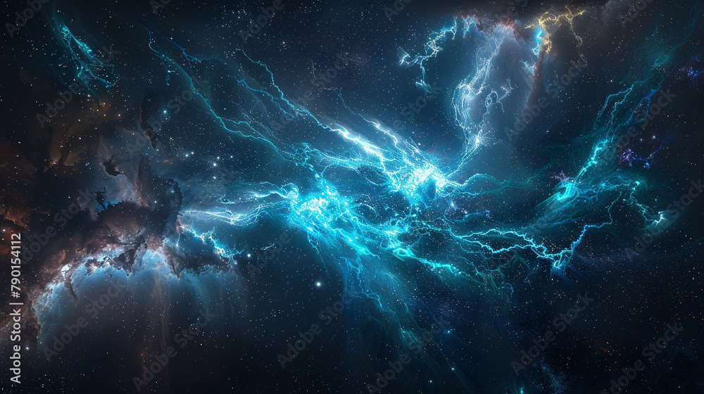 Against the backdrop of endless night, a lone tendril of electric blue mist twists and turns, mirroring the dance of a lightning bolt, its power palpable even in the vacuum of space.
