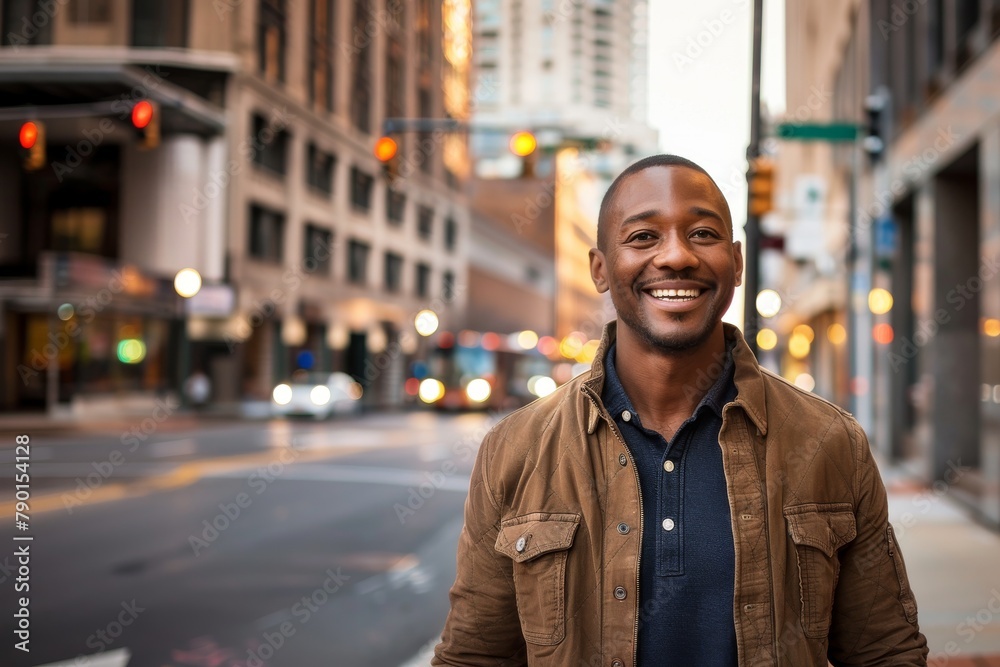 A guy in his 30s smiles for the camera, backdrop is the city behind him A guy in his 30s smiles for the camera, backdrop is the city behind him