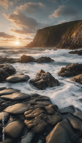 beautiful coastal landscape with rocky shores, the ocean, sunrise and a sky