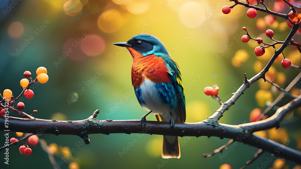 Imagine a vibrant tropical scene featuring a colorful bird of paradise perched on a lush green branch, surrounded by a variety of other birds in a natural setting Imagine a vibrant tropical scene featuring a colorful bird of paradise perched on a lush green branch, surrounded by a variety of other birds in a natural setting