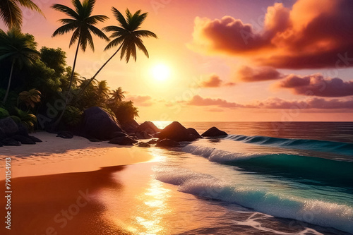 Background tropical sunset nature landscape on amazing seascape with orange sky, ocean on coastline, Sri Lanka. Summer vacation travel concept. Wallpaper of in sandy beach tropic sea. Copy text space