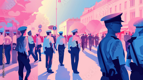 Officers Monitoring Crowded Avenue in Stylized Cityscape