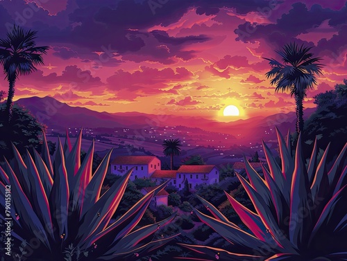 Illustration captures the essence of tequila's birthplace: a fiery sunset behind a silhouetted agave farm, in minimal front portrait style.