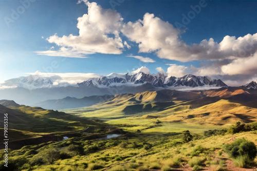 Landscape photo of nature mountains of Bolivia with greenery vegetation, sunny summer day. Scenic view of bolivian natural wilderness. Global ecology concept. Copy ad text space, nature backgrounds